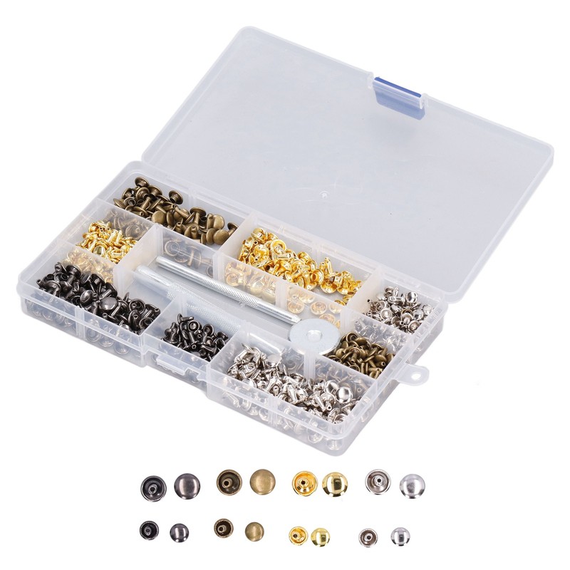 240Pcs Leather Rivet Double Caps Tubular 2 Sizes Metal Set