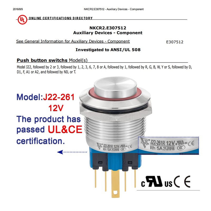 22mm Push Button Switch Momentary Latching High Round Waterproof IP67