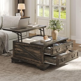 DWVO Farmhouse Coffee Table with Lifting Top, Wood Square Central Table with Storage, Large Hidden Storage Compartment & 2 Drawers, Dining Table for Living Room Home Office (Dark Rustic Oak)