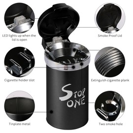 STOP ONE Car Ashtray, Portable Ashtray, CA-541 Auto Ash Tray with Clamshell Lid, LED Light, Mini Car Trash Can, ABS & Tinplate Material, ?Pack of 4?, Black