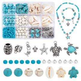 AHANDMAKER 258Pcs Blue Ocean Beads Jewelry Kit Boho Style Turtle Beads Synthetic Turquoise Starfish Beads Summer Ocean Animal Spacer Bead Hawaii Shell Bead for Necklace Earring Bracelet Jewelry Making