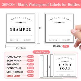 HVSWLY 24PCS Bathroom Labels for Soap Dispenser, Bottle Labels for Hand Soap Mouthwash Shampoo Conditioner and Body Wash, DIY Blank Waterproof Labels for Glass or Plastic Bottles (White)