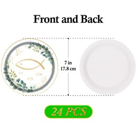 TOPWAYS Paper Plates, Communion Confirmation Table Decoration, 18 cm Fish Paper Plates, Small Disposable Plates, Eucalyptus Party Tableware, Table Decoration for Christening, Confirmation, Communion