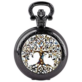 Tiong Black Retro Quartz Tree of Life Glass Cabochon Design Pocket Watch for Men Women Pocket Watches with Necklace Pendant