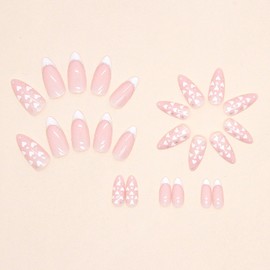 White Heart Press on Nails French Tip Fake Nails Valentines Day False Nails with Designs Glitter Glue on Nails Nude Full Cover Acrylic Nails Stick on Nails for Women Girls Manicure Art