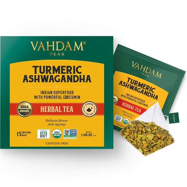 VAHDAM, Organic Turmeric + Ashwagandha SUPERFOOD Herbal Tea, (30 Tea Bags) | USDA Certified India's Ancient Medicine Blend of Turmeric & Garden Fresh Spices | Herbal Detox Tea Bags For Immune Support