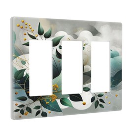 Eucalyptus Leaves Waves Leafs Earthy Yellow Meadow Plant 3 Gang Triple Rocker/GFCI Light Switch Wall Plate Cover Decorative Electrical Faceplate for Living Room Bedroom Decor Screwless