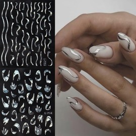 French Tip Nail Stickers Metallic Silvery Nail Decals Shiny Nail Supplies Acrylic Silver Irregular Ripple Line Slider Manicure Accessories DIY Decorations for Nail Art Charms 6PCS