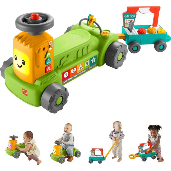 Fisher-Price Laugh & Learn Baby to Toddler Toy, 4-in-1 Farm to Market Tractor Ride On with Pull Wagon & Smart Stages for Ages 9+ Months