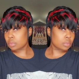 SAEIALL Mullet Wig for Black Women Human Hair Pixie Cut Wig Long Straight Mullet Wigs None Lace Front Haircut Glueless Layered Haircut Wigs for Women (Black with Red, 18inch)