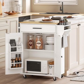 HOOBRO Kitchen Island with Power Outlet, Kitchen Storage Island with Large Worktop, Spice Rack and Drawer, Rolling Island on Wheels, for Dining Room, White and Natural