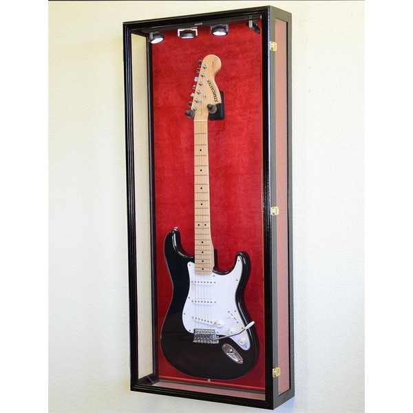 Clear Viewing Guitar Display Case Fender Acoustic Electric Cabinet Rack Holder (Black Finish, Red Background)