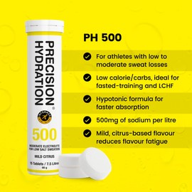 Precision Hydration Electrolyte Tablets - Multi Strength Effervescent Hydration Tablets - Low Calorie, Gluten Free, Vegan/Vegetarian Friendly (1 Tube, 500mg/L - Yellow Tube)