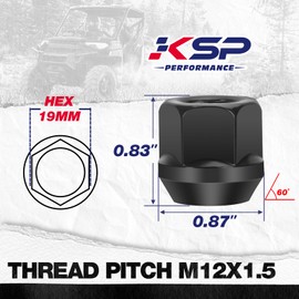 KSP M12x1.5 Open End Wheel Lug Nuts, 16PCS ATV Lug Nut 19mm 3/4" Hex 21mm 0.83" Height for Polaris Ranger 1000 XP RZR, Black Open Ended Cone Conical Taper Acorn Bulge Seat Wheel Nut for ATV Vehicles