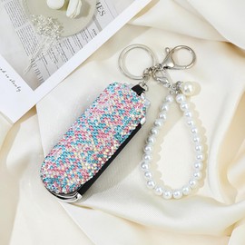 Bling Folding Hair Brush Keychain Rhinestone Pocket Hair Brush Keyring Mini Paddle Hair Massage Comb with Mirror for Women Girls Blue