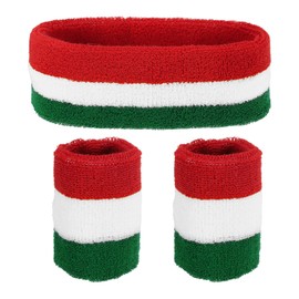 sourcing map Sweat Band Set Sports Terry Cloth Headband Wristband Set 7"x2" Moisture Wicking Sweat Absorbing Head Band for Women Men Workout Exercise Basketball(Green/White/Red)