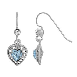 1928 Jewelry Petite Minimalist Light Sapphire Blue Austrian Crystal Antiqued Heart Drop Earrings For Women
