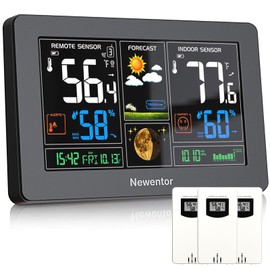 Newentor Weather Station Wireless Indoor Outdoor Thermometer, Color Display Digital Weather Thermometer with Atomic Clock, Barometric Pressure, Forecast Station with Adjustable Backlight,Black,3Sensor