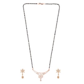 I Jewels Indian Wedding Bollywood Designer Rose Gold Plated Black Beads CZ AD Mangalsutra With Earrings Set For Women (D09-1)