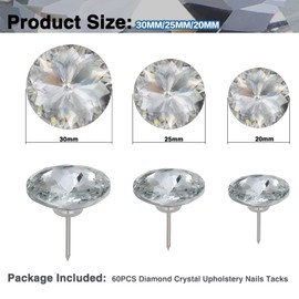 Kyrio 60 Pieces Diamond Crystal Upholstery Tacks, Decorative Thumbtacks, Furniture Nails, Diamond Push Pins for Furniture, Sofa, Headboards, Cork Board (20mm, Bauhinia)