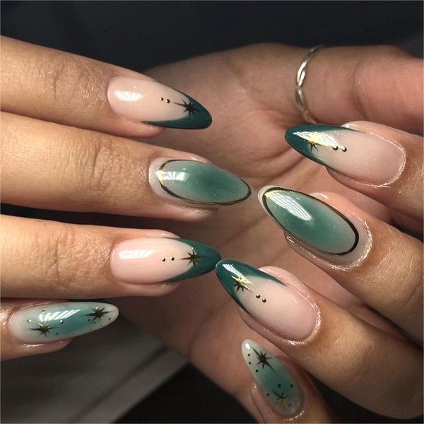 MERVF Almond Press on Nails Medium Fake Nails Dark Green