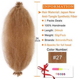 Black Afro Twist Hair 24 Inch 3 Packs Springy Afro Twist Hair Pre-Separated Spring Twist Hair For Distress Locs Crochet Hair Synthetic Marley Twist Braiding Hair Extension (24 Inch, 3packs, 1B#)