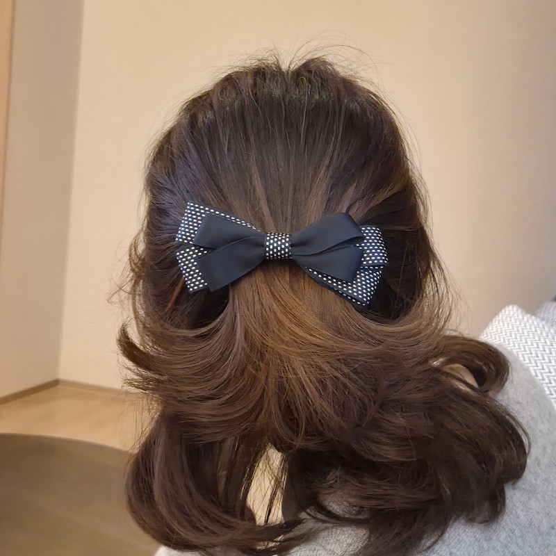 Burnaby Navy polka dot 2-stage ribbon hairpin / 버나비 네이비