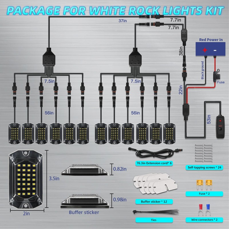 12Pods Full Angle All Pure White LED Rock Lights Full
