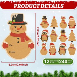 Christmas Labels Stickers,Christmas Stickers Gift Labels, Christmas Name Stickers in 12 Designs,Christmas Sticky Labels, Kraft Stickers Writable Removable for Christmas Decoration Gift Wrapping 240PCS