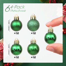 Sea Team 64-Pack Christmas Ball Ornaments with Strings, 25mm/0.98" Small Size Baubles, Shatterproof Plastic Christmas Bulbs, Hanging Decorations for Xmas Tree, Holiday, Wedding, Party, Green