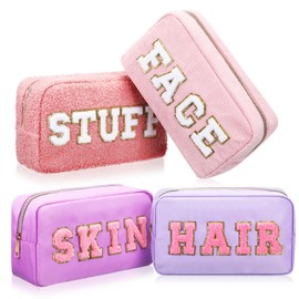 Kajaia 4 Pcs Nylon Chenille Letter Bag Preppy Pouches Cosmetic Makeup Toiletry Bag Cute Makeup Bags for Teens Girls Women Travel Zipper School Bags(Pink, Purple,Cute)