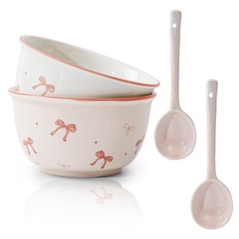Koythin 2-Piece Ceramic Bowls Set, Cute Cereal Bowls with Spoons for Soup Dessert Salad Noodles Oatmeal, Bow Dinnerware Sets for Kitchen Home, Dishwasher & Microwave Safe, 4.5 Inch (Pink and White)