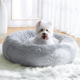 Calming Small Dog Bed, Donut Fluffy Anti-Anxiety Round Washable Cute Bed, Plush Cozy Cuddler Warming Soft Comfort Pet Bed for Small Medium Dogs Cats, 28inch,Light Grey