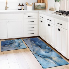 MAYHMYO Kitchen Mat for Floor Blue Turquoise Golden Marble Kitchen Rugs and Mats Non Skid Washable 17"X48"+17"X24" Set of 2 Abstract Kitchen Floor Rugs Mats for Dining Room Floor Home Sink Laundry