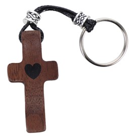 Baluue Walnut Wooden Cross Keychain Pendant with Heart Decor Durable Religious Keyring for Keys Bags and Backpacks Elegant Wooden Cross Ornament