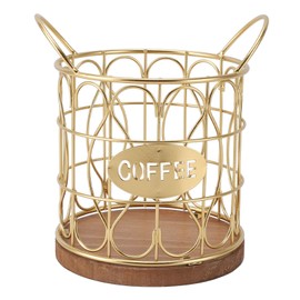 Coffee Pod Holder, Large Capacity Coffee Basket Storage, Modern Metal Coffee Capsule Basket with Wooden Base Coffee Pods Storage Organizer for Coffee Bar Countertop (Gold)
