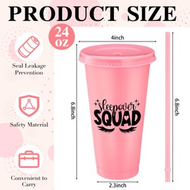Reallnaive Sleepover Party Supplies for Girls Sleepover Squad Cups with Lids and Straws 24 oz Slumber Party Plastic Tumbler Coffee Cup for Birthdays Slumber Spa Parties Favors(Pink,12 Pcs)