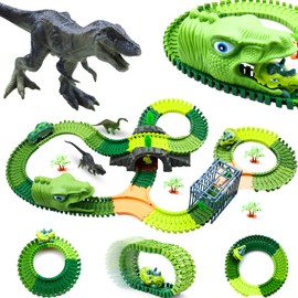 221 Pzs Pista de Carros, Juego de Construcción con 2 Carritos Dinosaurios, Pista Flexible con Puente y Árboles, Juguete Dinosaurio para Niños de 6 a 17 Años, Regalo para Cumpleaños, Navidad