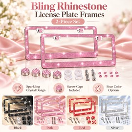 2pcs Bling Rhinestone License Plate Frame, Sparkling Crystal Car Tag Cover with Screw Caps, Universal Standard