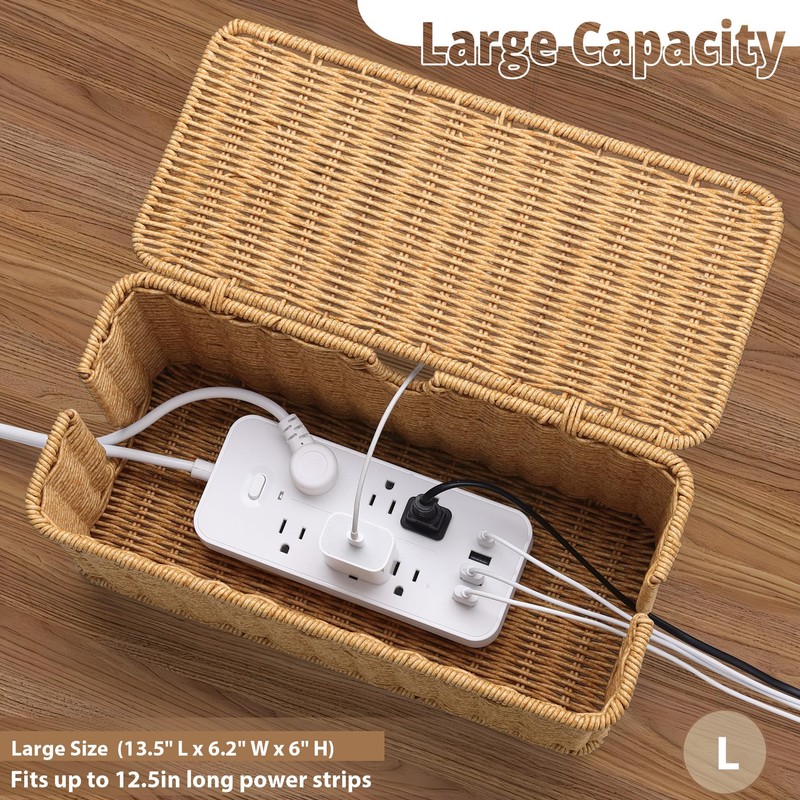2Pack Large Cable Management Box, Handwoven Imitation Rattan Cord Organizer