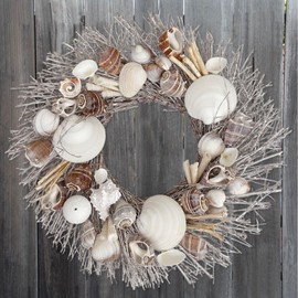 ANDALUCA 20" Seashell Playa Bonita Coastal Wreath Natural Seashells & Starfish (Whitewashed Shells)