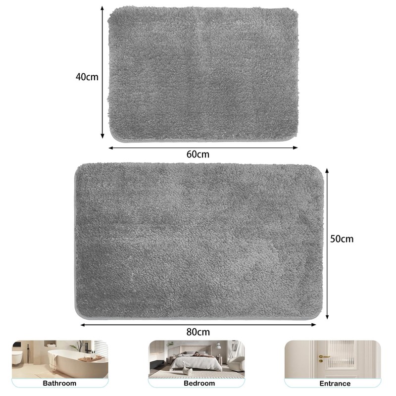 wyewye Microfibre Bath Mat 40x60cm Light Grey, 2cm Super Thick,
