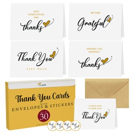 Only Zest 30 Pack Blank Thank You Cards, 4 x 6 Inches Simple Thank You Notes with Envelopes and Stickers, Minimalist Bulk Box Set for Weddings, Baby Showers, Small Businesses, Birthdays, Holiday