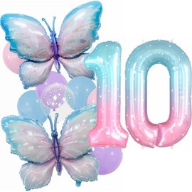 Kiwochy Gradient Pink Schmetterling Ballons 10. Geburtstag Dekoration Mädchen Deko 10 Jahre Schmetterling Geburtstag Party Set Riesige Bunte Schmetterling Folie Ballon für Schmetterling Party Supplies