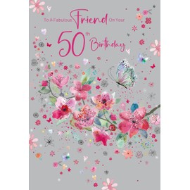 Cherry Orchard, Fabulous Friend 50th Birthday Card, Beautiful Pink Floral design, complete with Envelope