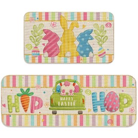 JarThenaAMCS 2Pcs Easter Kitchen Mats Colorful Hip Hop Egg Bunny Rabbit Truck Kitchen Rugs Spring Holiday Decorative Non-Slip Rectangle Doormats Floor Mat for Home Entrance Porch