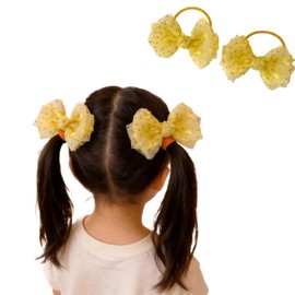 Children's Organza Ribbon, Hair Elastic, Hair Clip, Cute, Does Not Damage Hair, Girls, Preschool Entrance Preparation, Birthday, Gift, Set of 2 (Yellow) yl