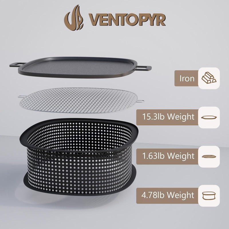VENTOPYR Smokeless Fire Pit Accessories Combination, Grill, Grill Pan, Grate