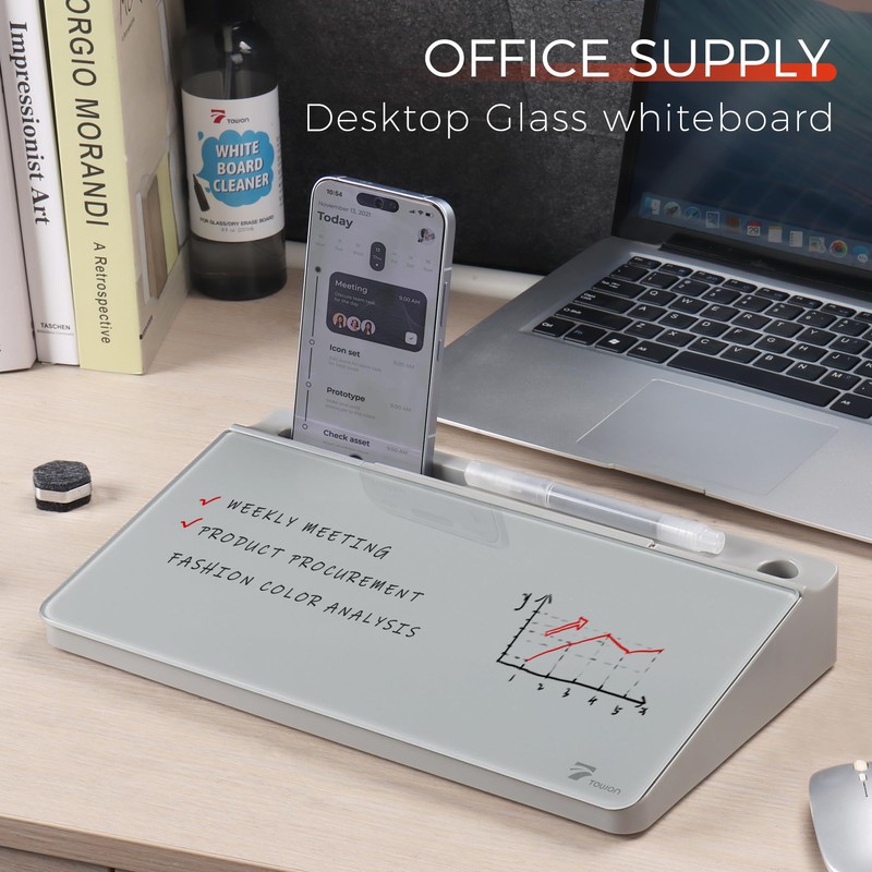 TOWON Small Compact Glass Desktop Whiteboard with Storage – 12