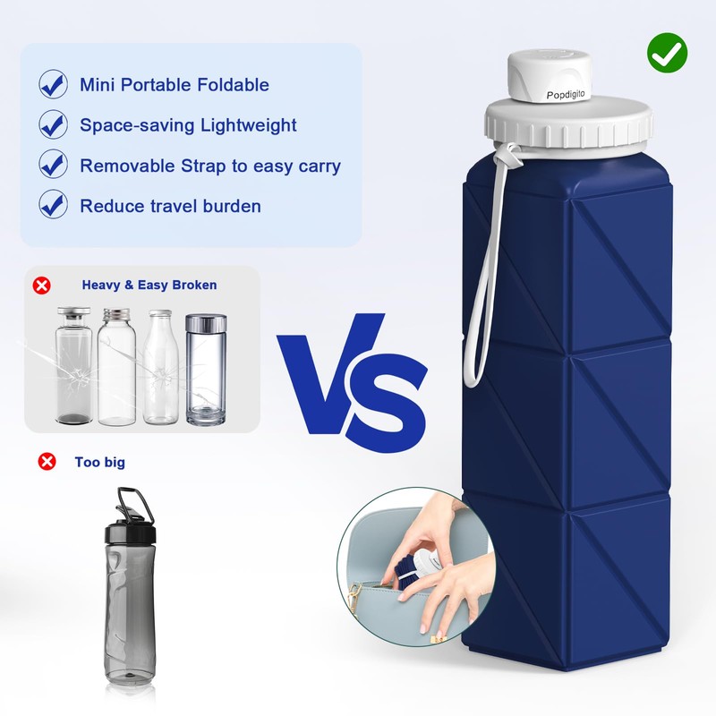 Popdigito Collapsible Water Bottles,20.6oz Silicone Foldable Leakproof BPA Free Reusable